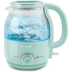 Elite Gourmet EKT1220M 1.2L Electric BPA-Free 1200W Glass Kettle, Temperature Dial Keep Warm Function, Cordless 360 Base, Blue LED Interior, Auto Shut-Off Function  Quick Boil, Mint