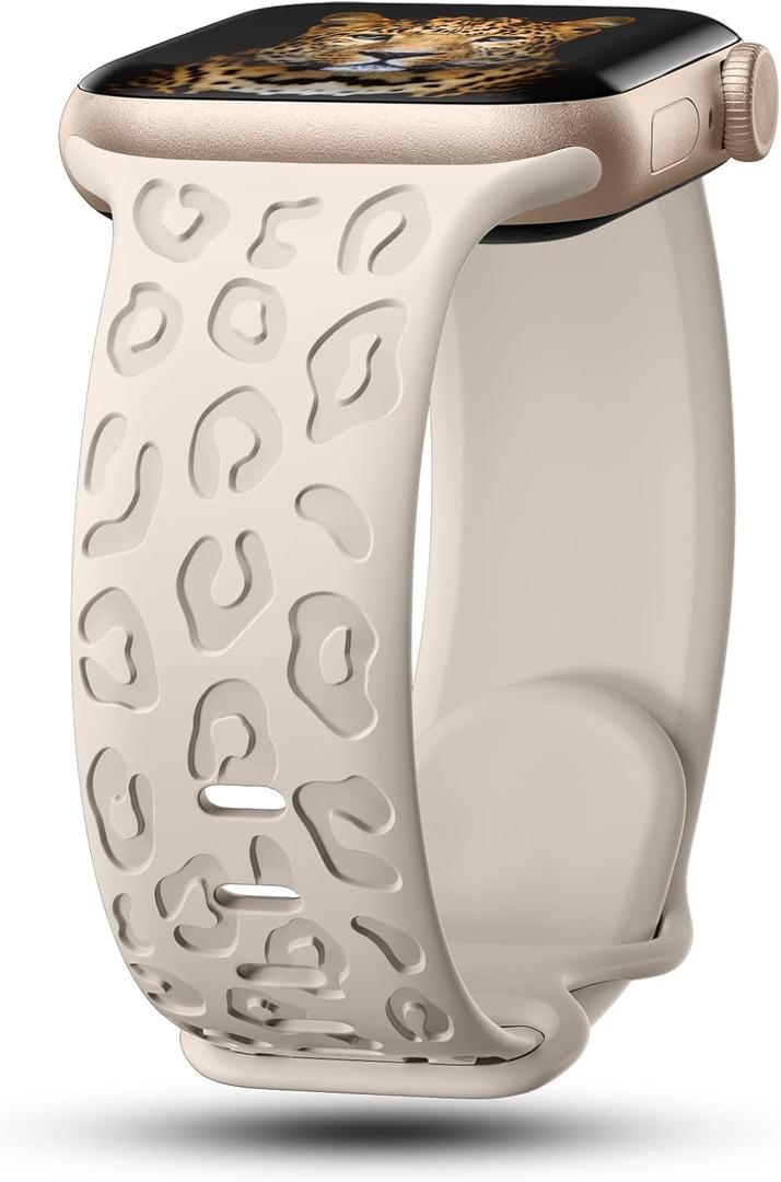 CreateGreat Engraved Bands Compatible with Apple Watch Band 40mm 41mm 38mm 42mm 44mm 45mm 46mm 49mm, Leopard Pattern Soft Silicone Strap Compatible with iWatch Series 10 9 8 7 6 5 4 3 2 1 SE Ultra