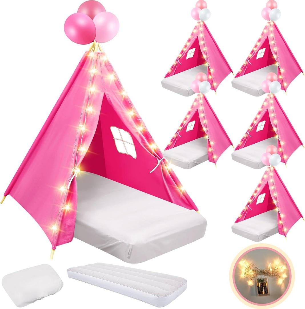 6 Pack Sleepovers Teepee Tent for Kids Bulk with Mattress Sheet Light,Natural Cotton Washable Indoor Play Tent for Birthday Slumber Party Girls Boys Pajama Movie Night Supplies(Rose Red), 61.81 x 25.98 x 7.09 inches