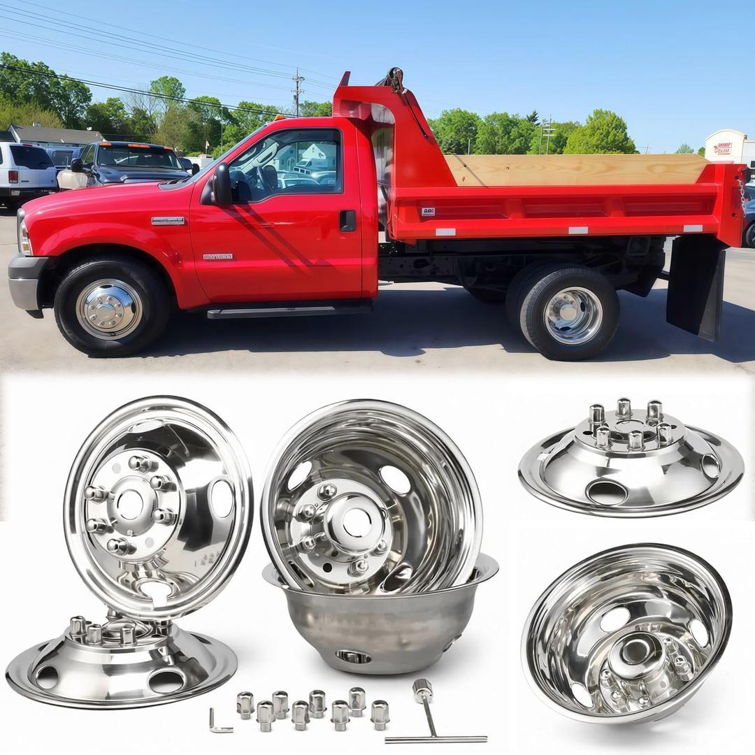 4pcs 17" Wheel Simulators Fit for 2005-2025 Ford F-350 F350, 8 Lug Protective Waterproof Replacements Bolt On Polished Stainless Steel Dually Hubcaps Wheel Covers W/Installation Tool Kit