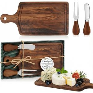 Ziliny 1 Set Bridal Baby Shower Cheese Prizes Wooden Square Board Gift Set Knives Forks Thank You Tags with Box for Guests for Valentines Bridal Baby Shower Housewarming (Walnut Wood)