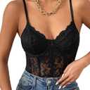 Milumia Women's Sexy Sheer Mesh Lace Bodysuit Spaghetti Strap Bustier Corset Tops Rave Party Club (Medium, All Black)