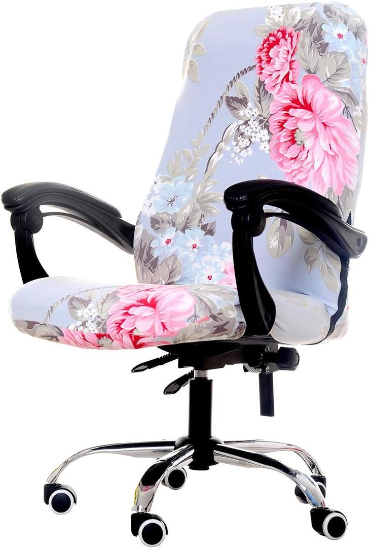 WOMACO Printed Office Chair Covers, Stretch Computer Chair Cover Universal Boss Chair Covers Modern Simplism Style High Back Chair Slipcover (Pink Flower, Large)
