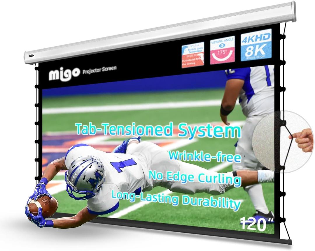 MIGO 120 Inch Projector Screen Pull Down, 2.0 Gain 4K HD Tab-Tension Motorized Partial Ambient Light Projector Screen Wall/Ceiling Mount for Short Throw Projector Indoor Home Theater Cinema Office (White Housing)