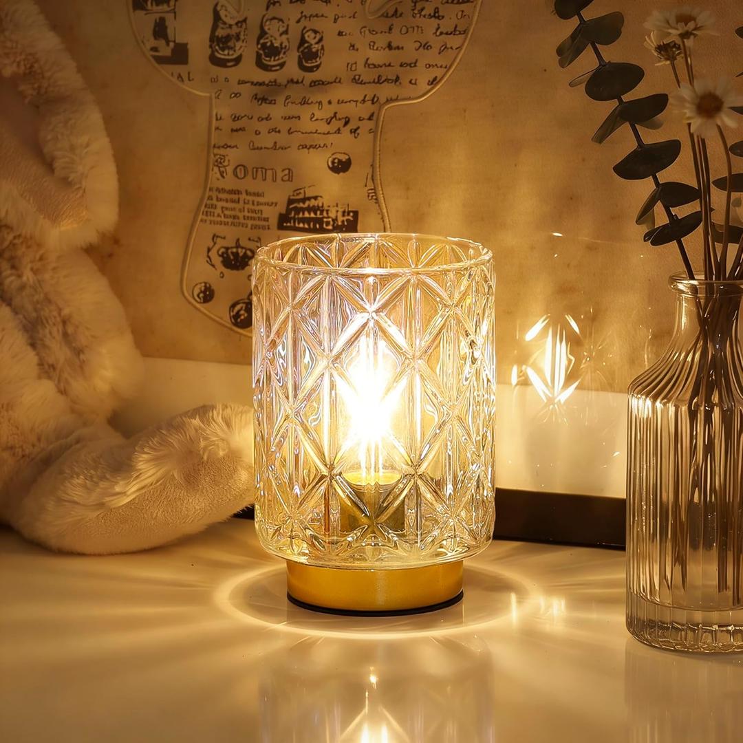Battery Operated Lamp,Cordless Samll Glass Accent Lamp with Timer for Nightstand,Warm White Cozy Ambient Decorative Table Lamps for Shelf/Dorm/Office Cubicle/Desk/Entryway/Bedside(Iridescent Clear)