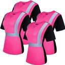 4 Pcs Women High Visibility Safety Shirts Hi Vis T-Shirt Safety Workwear Work Construction Short Sleeve (Large, Pink)