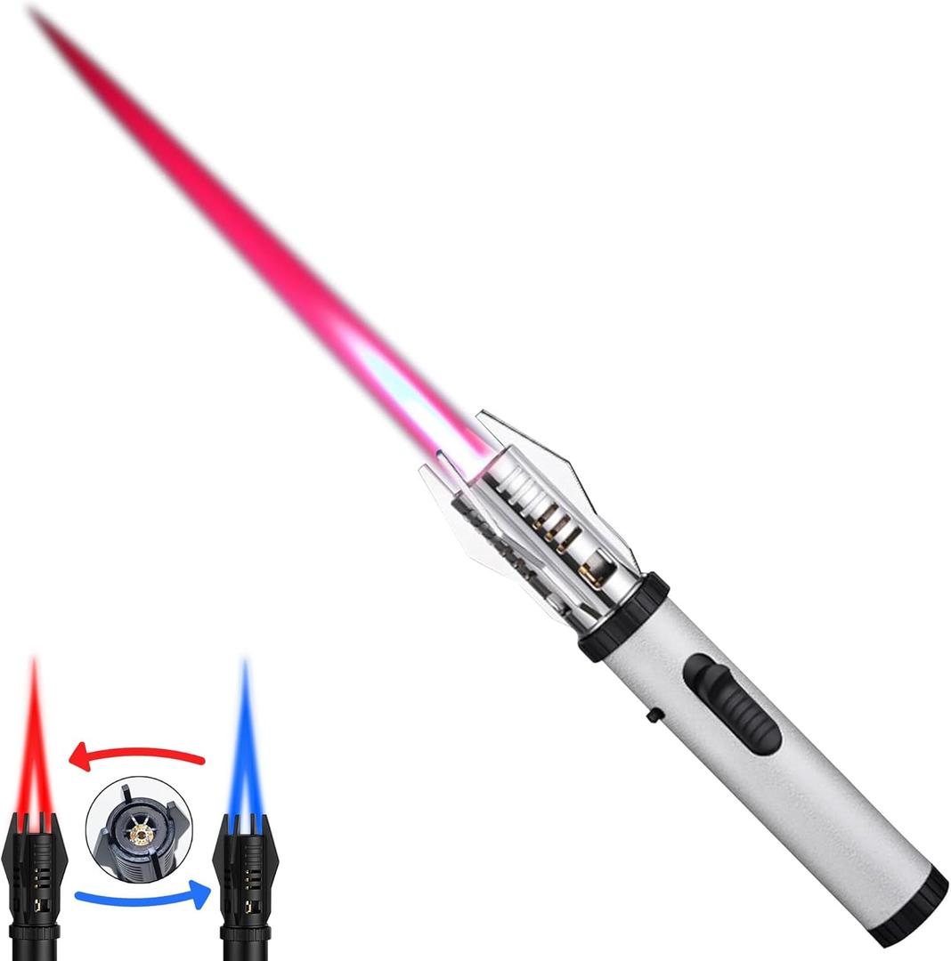 Torch Lighter, Bright Fire Lighter with Safety Lock and Adjustable Red/Blue Flame, Refillable Butane Gas Windproof Jet Flame Cool Lighters, for Candles Campfires BBQ Baking, Camping, Gift (White)