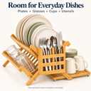 3-Tier Bamboo Dish Drying Rack with Utensil Holder & Absorbent Dish Drying Mat | Collapsible Wooden Dish Rack for Kitchen Counter | Folding Drying Rack with Utensil Caddy & Cutlery Holder, large