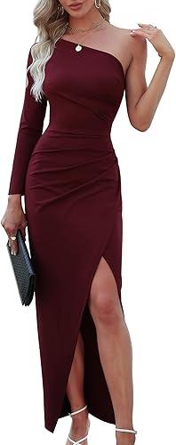 Sarin Mathews Womens One Shoulder Long Sleeve Cocktail Dresses Sexy Bodycon Ruched Wrap Split Party Formal Long Dress, L