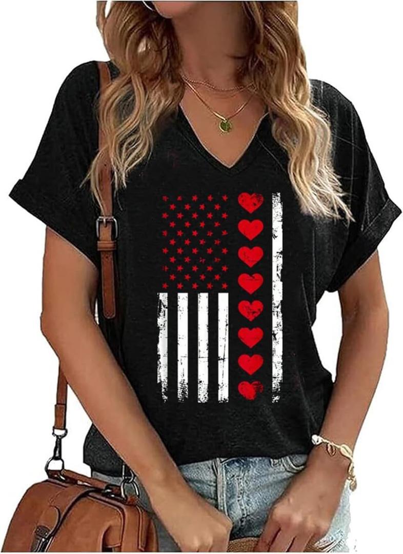 Womens 4th of July Funny Popsicle Graphic Tees American Flag Heart Patriotic V Neck T-Shirt Here for The Boom Short Sleeve (Small, Black-10)