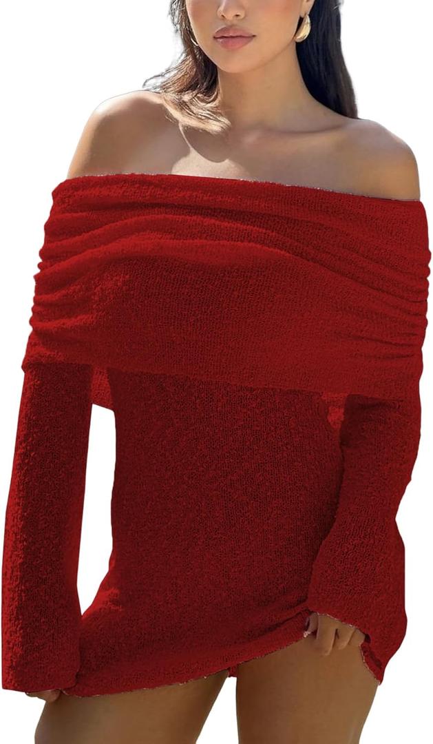 Unybwonn Women's Off Shoulder Mini Short Dress Bodycon Long Sleeve Crochet Sexy Going Out Mesh Elegant Sweater Dresses (Large, Red)
