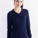 Women's Merino Wool Blend Sweater Fall Winter V Neck Long Sleeve First-Line Ready to Wear Seamless Knit Sweater (Blue)
