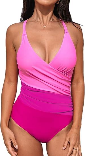 YONIQE Womens One Piece Swimsuit Tummy Control Slimming Bathing Suit High Waisted Ruched Swim Suit Color Block Swimwear M