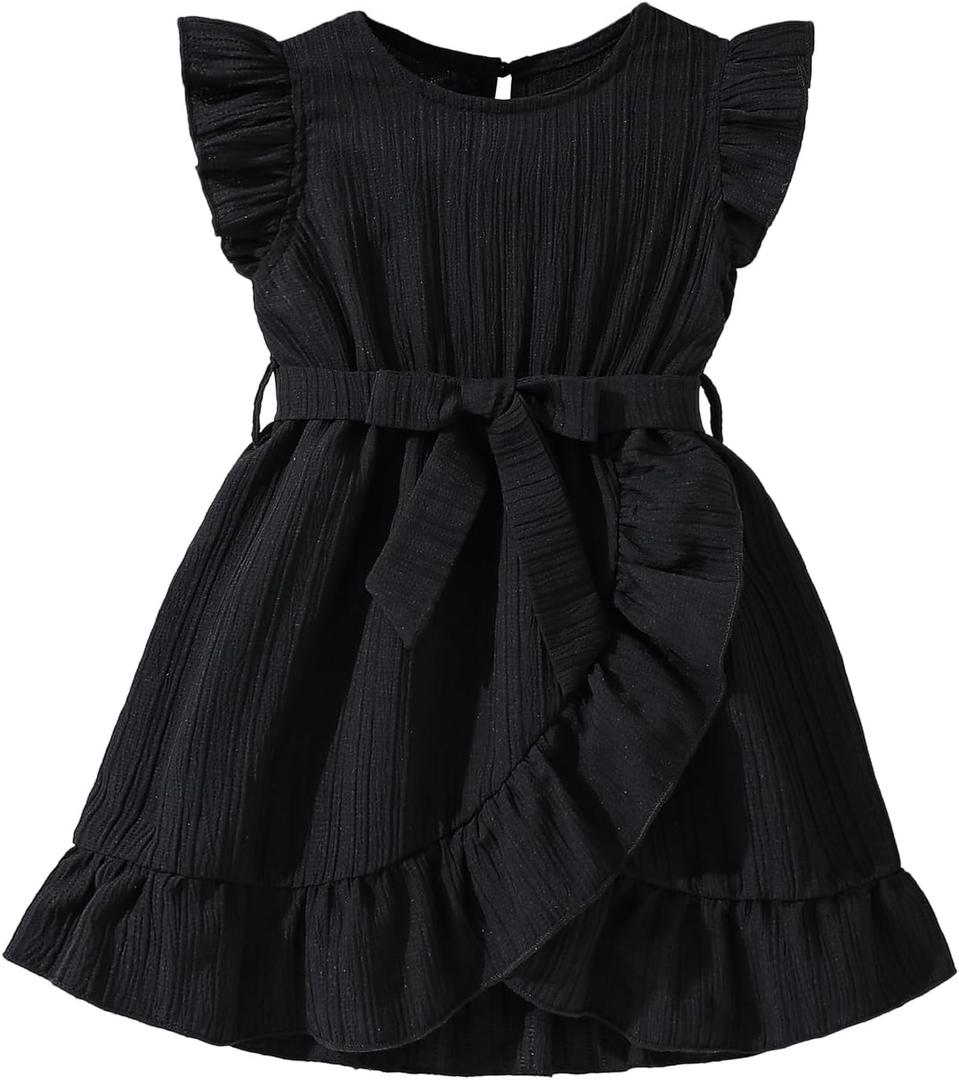 Hilinker Toddler Girls Cute Sleeveless Ruffle Dress Wrap Swing Party Summer Dresses with Belt Black 5-6Y
