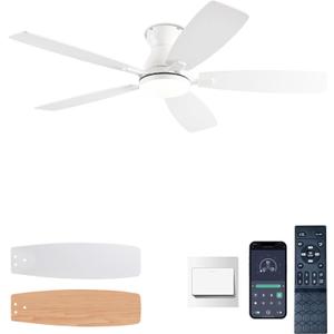 NKPU Ceiling Fans with Lights, Low Profile Ceiling Fan with Light and Remote/APP Control, DC Motor, Noiseless, Flush Mount, 52inch White Ceiling Fan for Bedroom Indoor/Outdoor Use