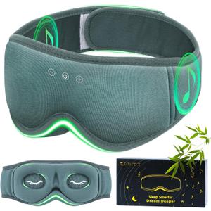Bamboo Cotton Large Sleep Mask with Bluetooth Wireless Headphones - Blackout Eye Mask for Sleeping 3D Contoured Sleep Eye Cover Headband Ear Plugs Low Noise Hook for Men Women Better Experience (Grey)