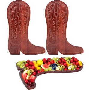 2 Pcs Cowboy Boot Serving Trays Wooden Serving Platter Cowgirl Boot Plates for Snacks Rustic Functional Serving Piece for Cheese Western Party Decoration Supplies (Brown-Boot)