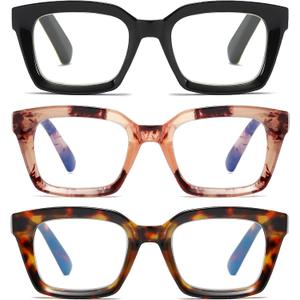 3 Pack Oversize Square Design Reading Glasses for Women, Blue Light Blocking Computer Reader, +1.50