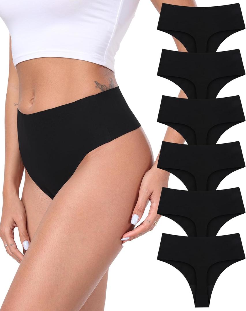 Cotton Thongs for Women High Waisted Seamless No Show Thong Stretchy Comfort Panties S-XL (Medium, Black-6 Pack)