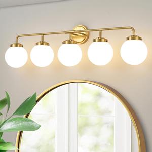 Bathroom Light Fixtures Gold Vanity Lights Over Mirror, Modern Wall Sconce Lighting 5-Light with White Glass Globe Shade