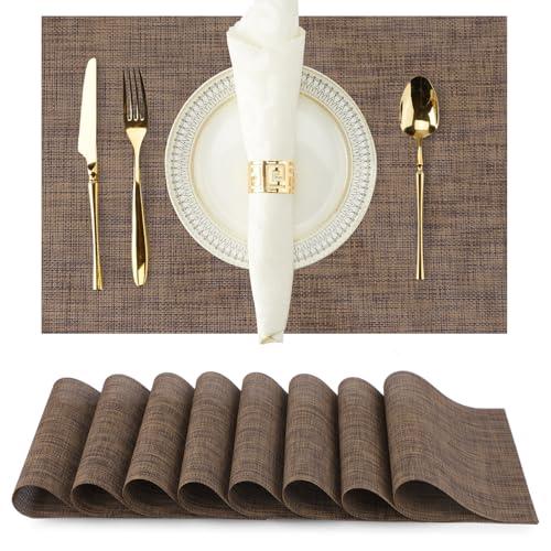 Brown Placemats Set of 4 Durable Heat Resistant Non-Slip Washable Place Mats PVC Vinyl Woven Table Mats for Dining Table 12 x 17 Inch.