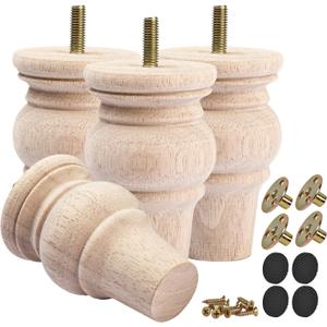 4 Inch Wooden Furniture Legs (10cm) Set of 4 Solid Hardwood Replacement Bun Feet for Sofa, Couch, Chair, Ottoman, Dresser, Cabinet, Coffee Table - M8 Predrilled Screw Holes (Unfinished)