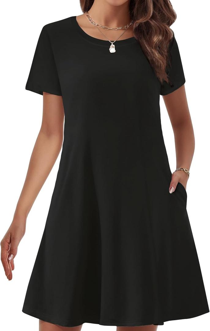 Womens Summer Dresses 2024 Casual Loose T-Shirt Short Sleeve Plus Size Flowy Sundresses with Pockets Black, 2XL