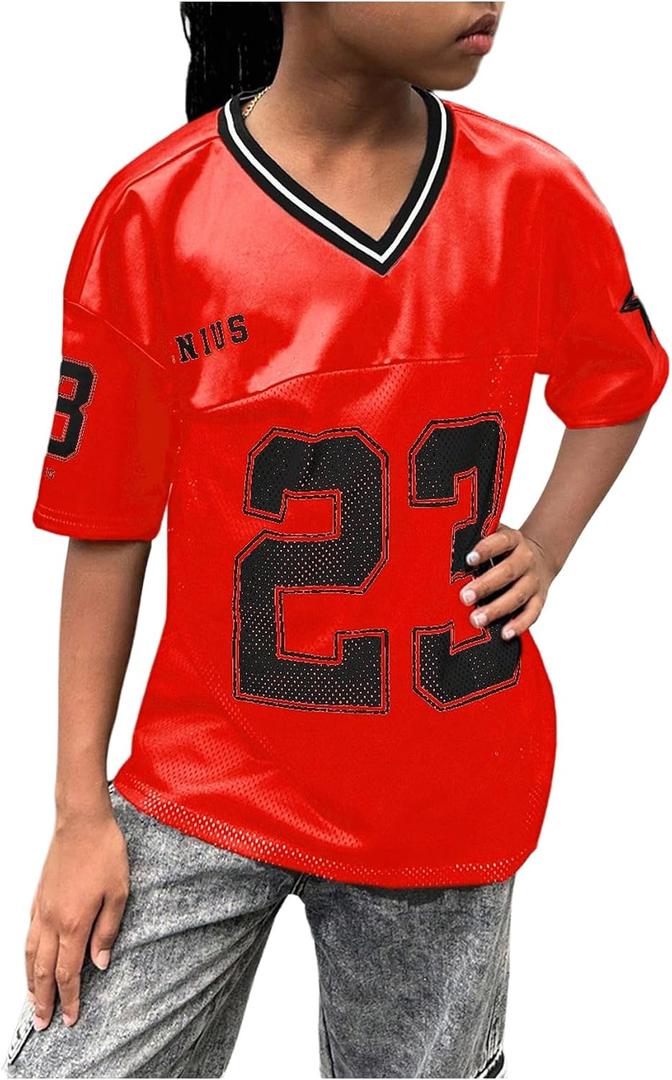 WDIRARA Girl's Number Graphic Jersey Shirts Short Sleeve V Neck Tees Oversized T-Shirt Tops (Red)
