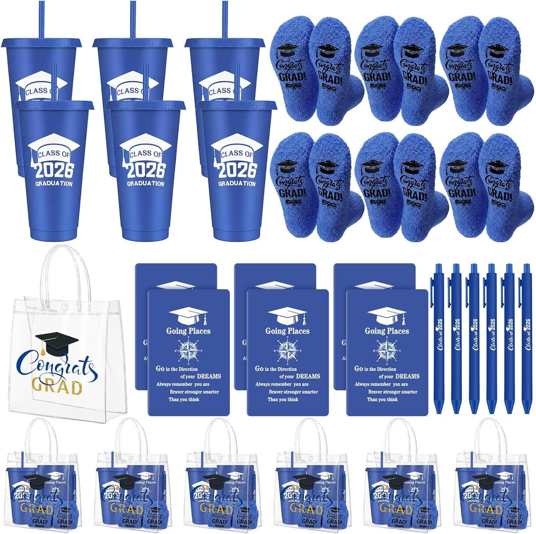 LemonRoad 30 Pcs Class of 2026 Blue Graduation Gift Bulk Congrats Grad PVC Gift Bag and Socks Plastic Tumblers with Lid and Straw Ballpoint Pens Inspirational Notepads Graduation Party Favors