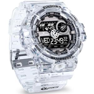 Watch for Men Watch Men Digital Sports Watch Large Digital Analog Dual Display Waterproof Watches with 3 Alarms Countdown Stopwatch Date Dual-Time LED Light Multifunctional Military Wrist Watches (Transparent)