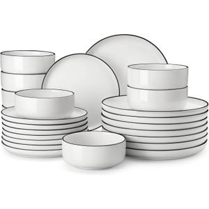 MALACASA Plates and Bowls Sets, 24 Pieces Modern Porcelain Dinnerware Set for 8 White Kitchen Dinner Dining Ware Set wtih Black Rim Ceramic Dishware Dishes Microwave and Dishwasher Safe, Series LUNA