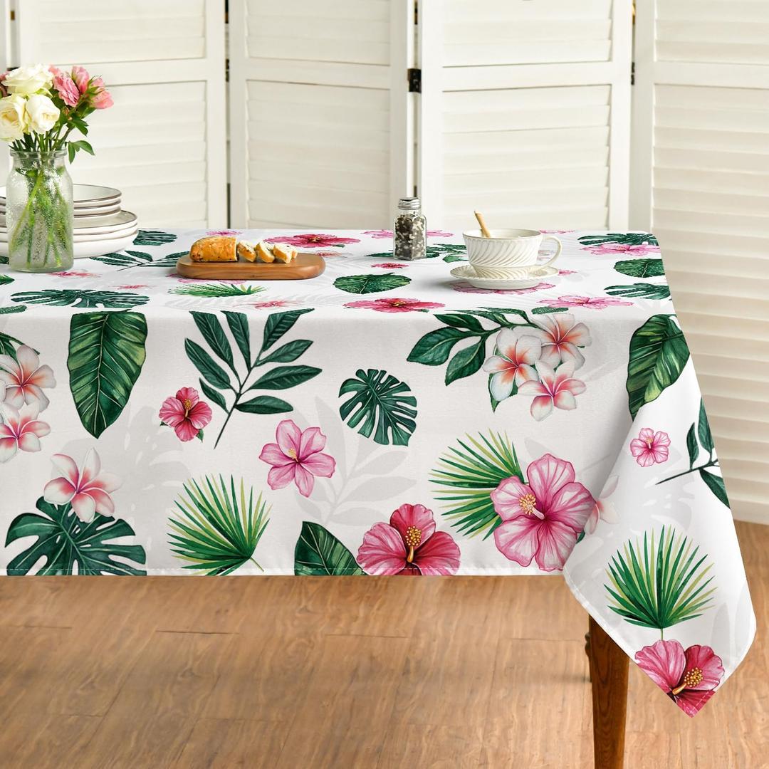Horaldaily Summer Tablecloth 6060 Inch Square, Tropical Flowers Monstera White Washable Seasonal Table Cover for Party Picnic Dinner Decor