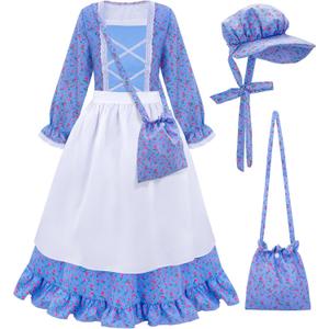 Meland Pioneer Dress for Girls - Colonial Floral Costume with Bonnet, Apron & Purse, Pionner Outfit for Girls 3-10 Years (7-8 Years, Blue)