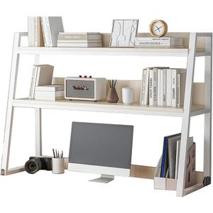 2-Tier Desktop Bookshelf for Computer Desk, Wood Hutch Bookcase Organizer, Multipurpose Countertop Storage Hutch Display Shelf Rack for Home Office Dorm Furniture,White,75x32x90cm