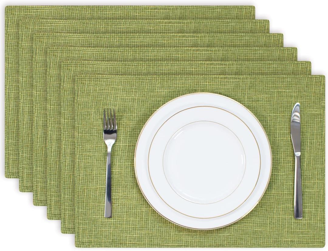 Kevin Textile Burlap Linen Placemats Set of 6 Heat Resistant Dining Table Place Mats Washable Kitchen Table Mats for Dinning Party Holiday Indoor Outdoor, 13 x19 inches, Linden Green