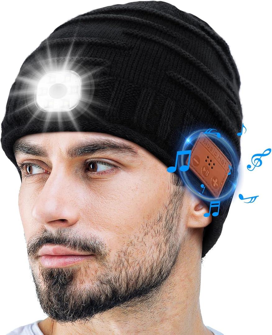 ZOOI Valentines Day Gifts for Him Men LED Bluetooth Beanie for Men, Mens Valentines Day Gifts, Mens Dad Gift Cool Gadgets (Black)