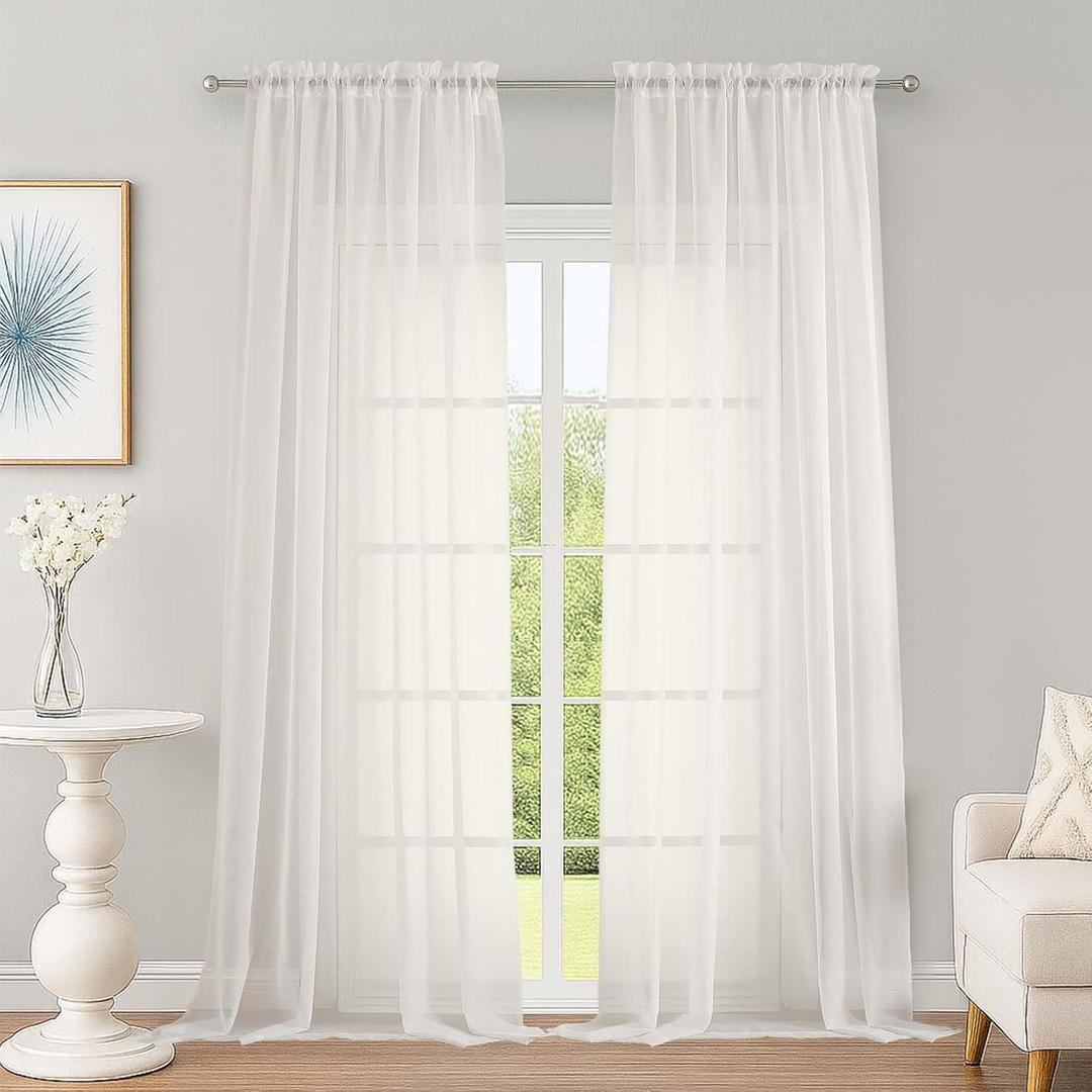 OWENIE Ivory Sheer Curtains, Sheer Curtains 96 inches Long 2 Panels Set, Rod Pocket Voile Fimly Sheer Drapes for Living Room/Bedroom, 2pcs, Each 59" W x 96" L