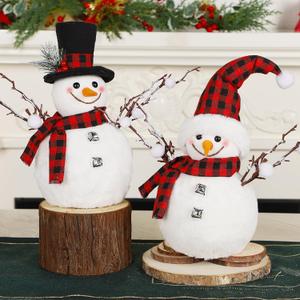 Lulu Home 2 Packs Christmas Snowman Decorations, 15.4" H Snowmen Wearing Buffalo Check Scarfs & Hats, Xmas Plush & Foam Tabletop Ornaments for Mantel Fireplace Window Sill Holiday Decor
