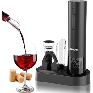 Electric Wine Opener Gift Set  Rechargeable Automatic Corkscrew with Aerator, Vacuum Seal Stoppers, Foil Cutter & Storage Base  6-in-1 Wine Bottle Opener Kit for Wine Lovers, Women & Men
