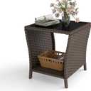 kinbor Outdoor Wicker Side Table - Tempered Glass Top Small Outdoor Table with Storage Shelf for Patio, Balcony & Porch, Durable PE Rattan & Iron Frame, 18" x 18" x 19.7"
