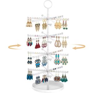 MODOWEY 4 Tier Metal Rotating Earring Holder Organizer Stand Adjustable Display Tree for Women Girl, 384 Holes and Grooves Rack Tower for Pierced Dangle Necklace Bracelet Ring(White)