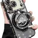 Glitter Kickstand Case for iPhone 17 Pro,Cute Luxury Bling Sparkly Diamond Rhinestones with Camera Lens Protector Liquid Flowing Ring Stand TPU Bumper Women Girls Case for iPhone 17 Pro,Black