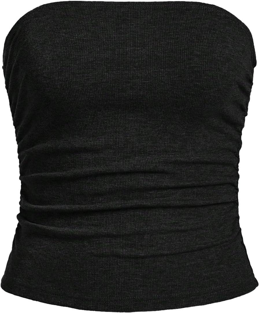 SOLY HUX Women's Tube Tops Summer Casual Ruched Strapless Sleeveless Crop Top Sexy Bandeau Tops (Black, S)