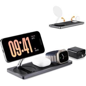 3 in 1 Charging Station for Apple Devices: Used for iPhone and Watch Charging Station with Magsafe Charger Stand, Wireless Charger for iPhone 16/15/14/13/12, Apple Watch 1-9/Ultra, AirPods 3 Pro (Black)