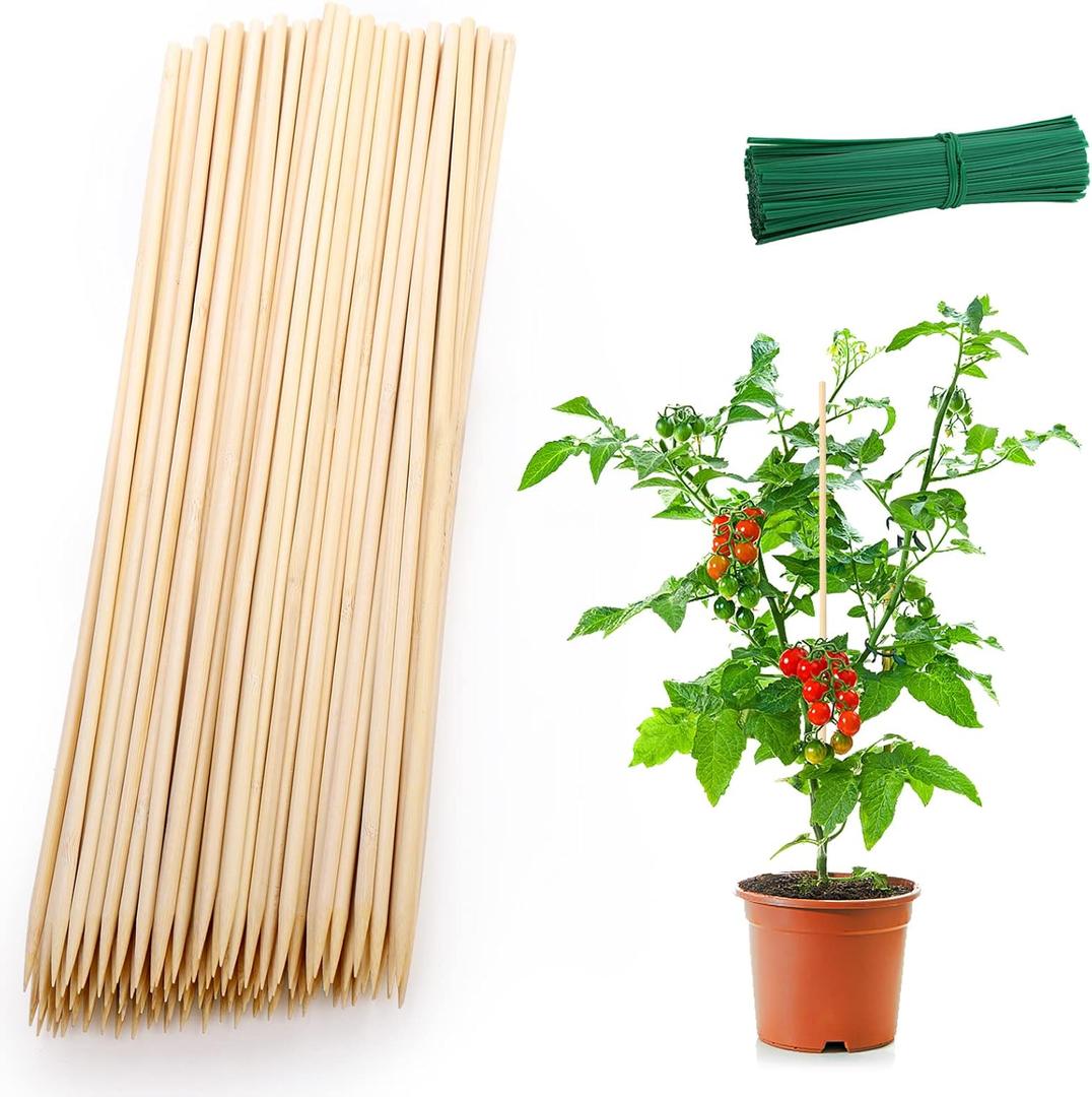 Frcctre 200 Pack 16 Inches Bamboo Plant Stakes, Bamboo Plant Sticks with 200 Pcs 4" Wires, Plants Garden Sticks Wooden Sign Posting Garden Support for Tomatoes, Floral, Potted Plants, Crafts