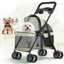GTPLAYER Foldable Pet Stroller for Small Dogs and Cats, Holds Up to 33 lb, 4 Wheel, Full Mesh Ultra Breathable, Safety Tethers, Cup Holder & Poop Bags Included, Soft Green