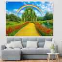7x5FT Green Castle Yellow Brick Road Backdrop Rainbow Sky Party Banner Decorations Red Floral Photography Background Photo Booth Prop