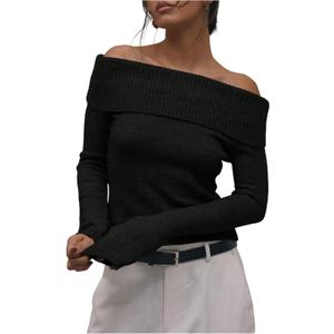 MakeMeChic Women's Off The Shoulder Sweaters Long Sleeve Knit Top Fall Jumper Pullover Tops (Black, L)