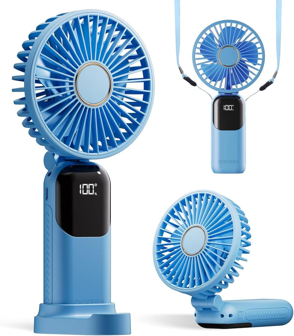 Portable Fan, 4200mAh Battery Operated Fan, 5 Speeds&Digital Display, Makeup Fans for Women with Base, 180Foldable 3in1 Handheld/Neck/Desk Fan for Outdoor Indoor,Ultra Quiet (sky blue)