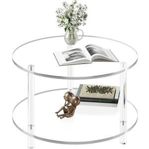 Acrylic Round Coffee Table, 23.6" Wide Modern Tea Table with Storage Shelf, 2-Tier Circle Center Table for Living Room, Office Reception and Apartment (Clear)
